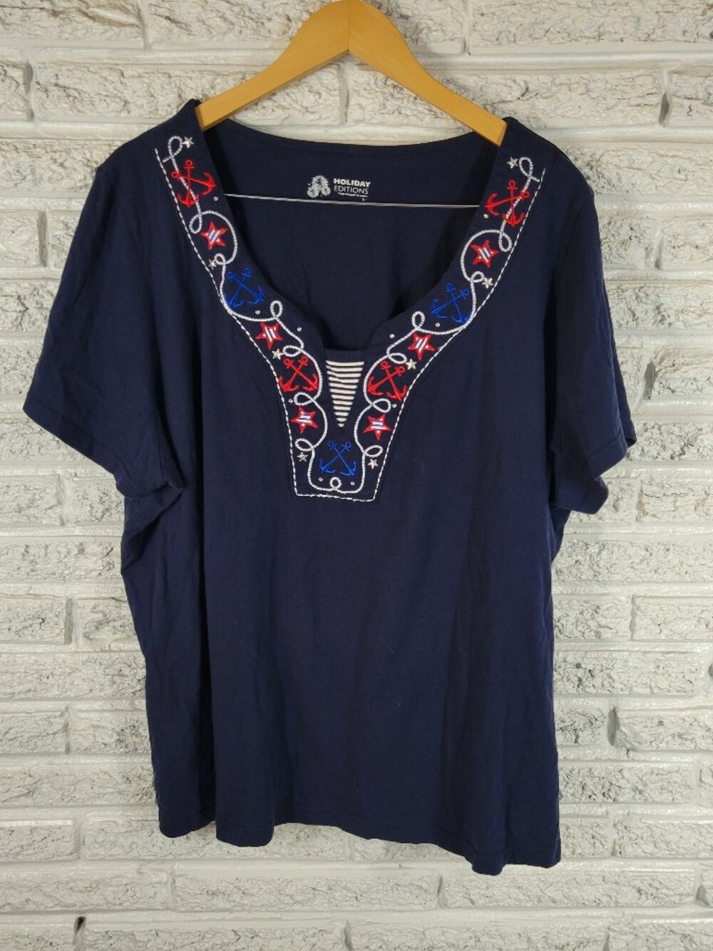 Holiday Editions 3X Patriotic Tee Shirt Blue Red Embroidered Rhinestone A11E‎